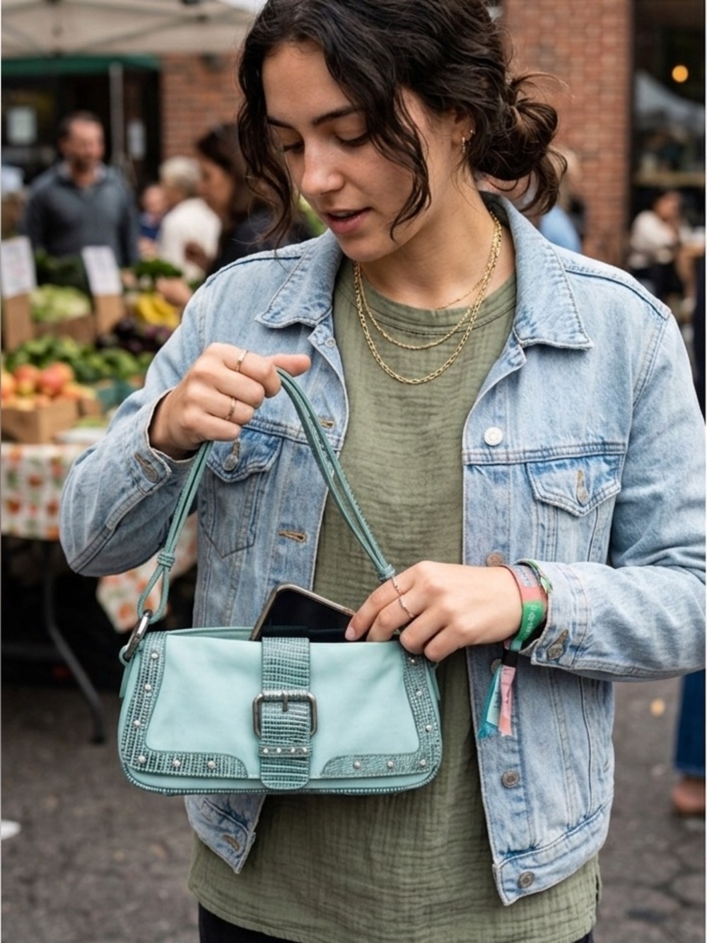 Cute! Capaccioli Light Teal/Blue Rhinestone Studded Small Handbag.